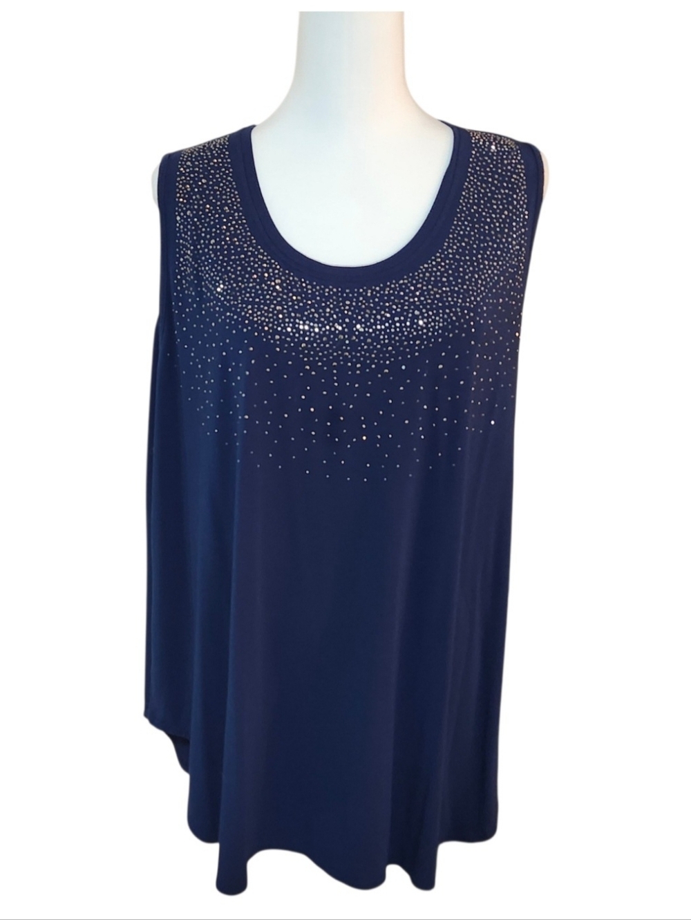 Blue Sky, Bamboo Blend Navy Sleeveless Rhinestone Scoop Neck Top